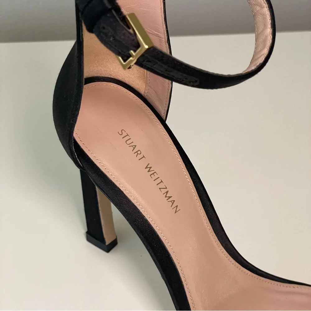 STUART WEITZMAN Black Silk Satin Square Nudist Heel Sandal - Picture 5 of 8